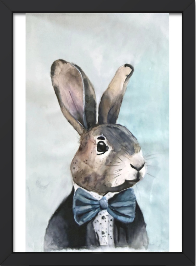 a framed watercolor of a rabbit with ears upright wearing a black jacket, white shirt with black dots and a big blue bow tie