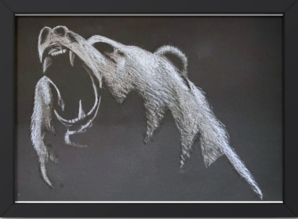 a chalk drawing of a bear with the title Grin and Bear It in a frame