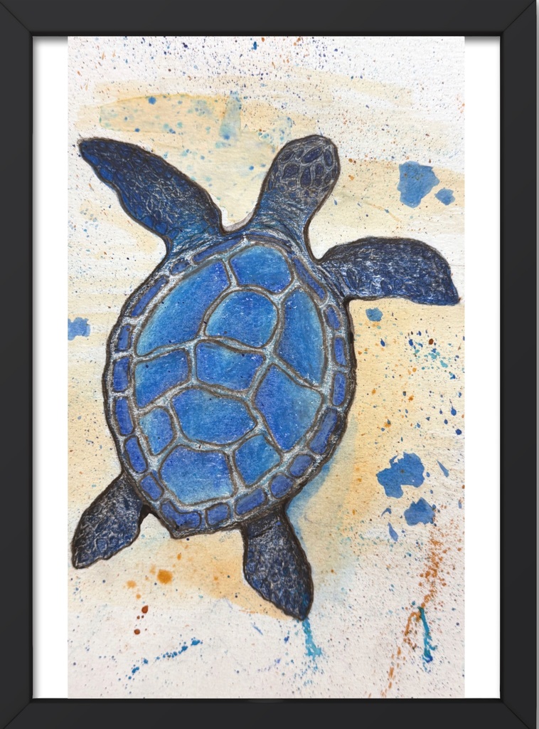 a framed watercolor of a blue turtle with splotches of colors in browns and tans making it look like wet sand