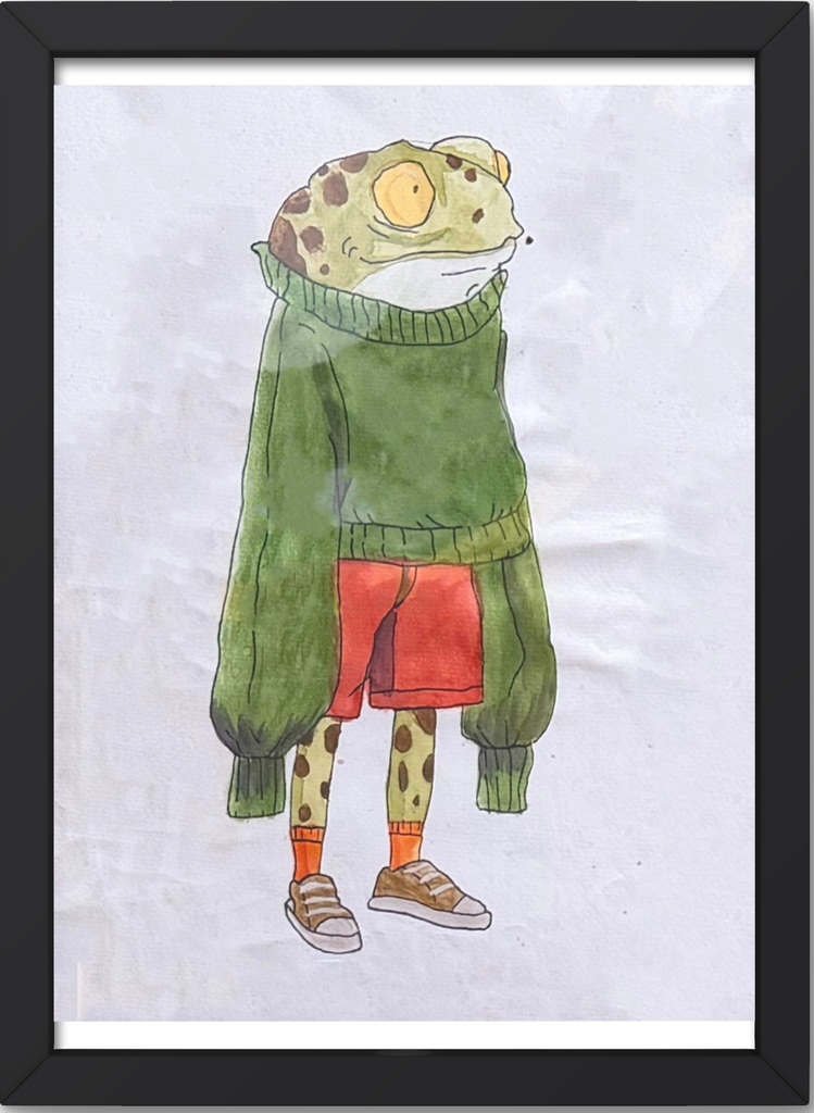 a framed watercolor of a frog in a oversized green sweater wearing orange socks and brown converse shoes