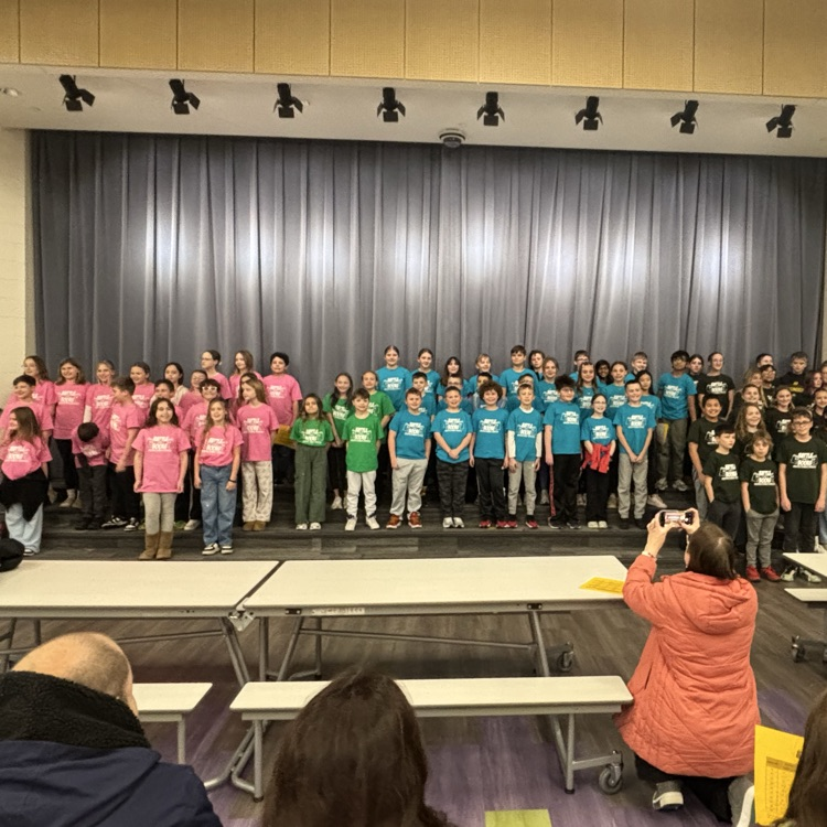students in pink, dark green, green and bright blue shirts pose on stage steps for a picture