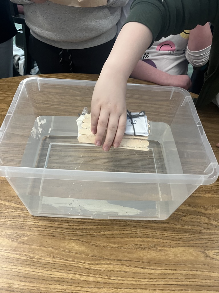 Plastic tub filled with water with a person putting their hand in the water with a craft made out of popsicle sticks.