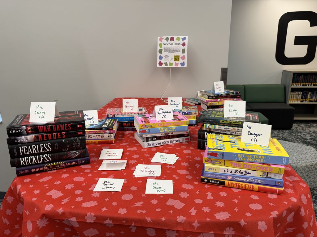 Piles of books on a table. 
