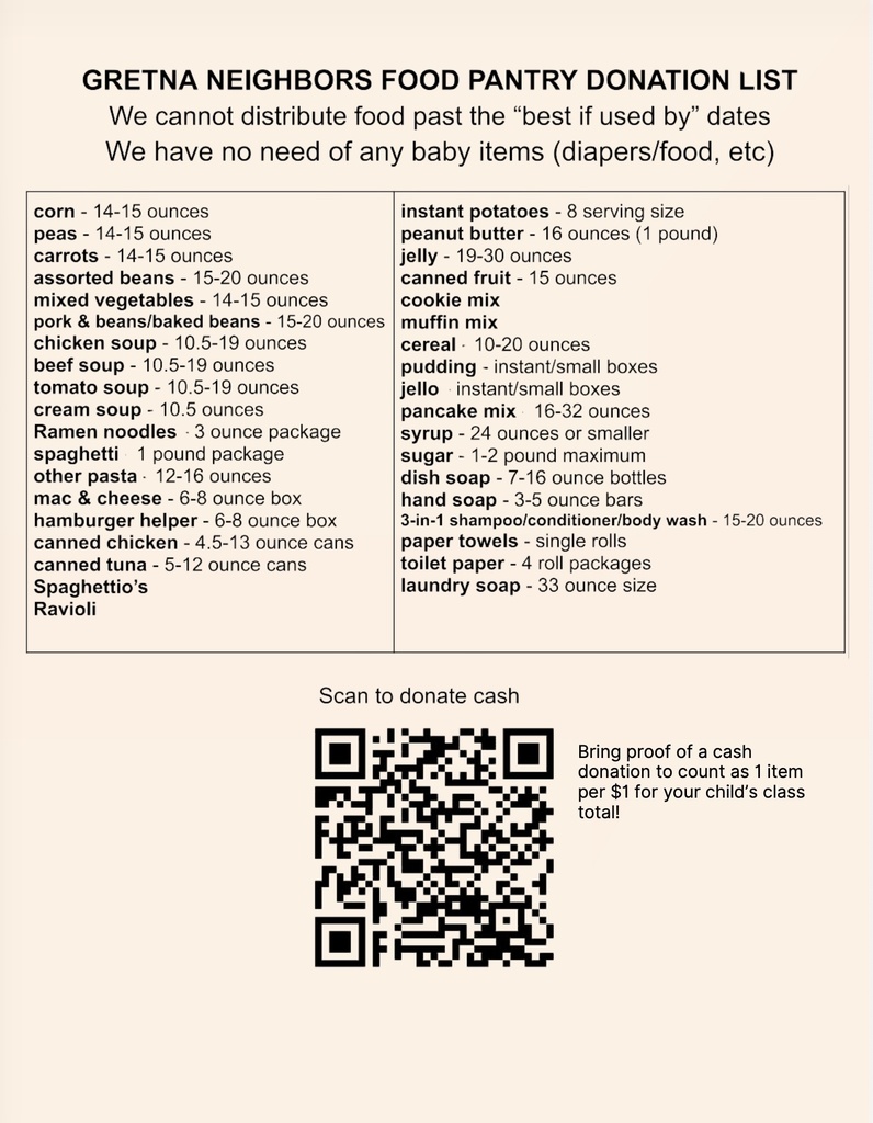 Flyer that shows items needed for GES Food Drive