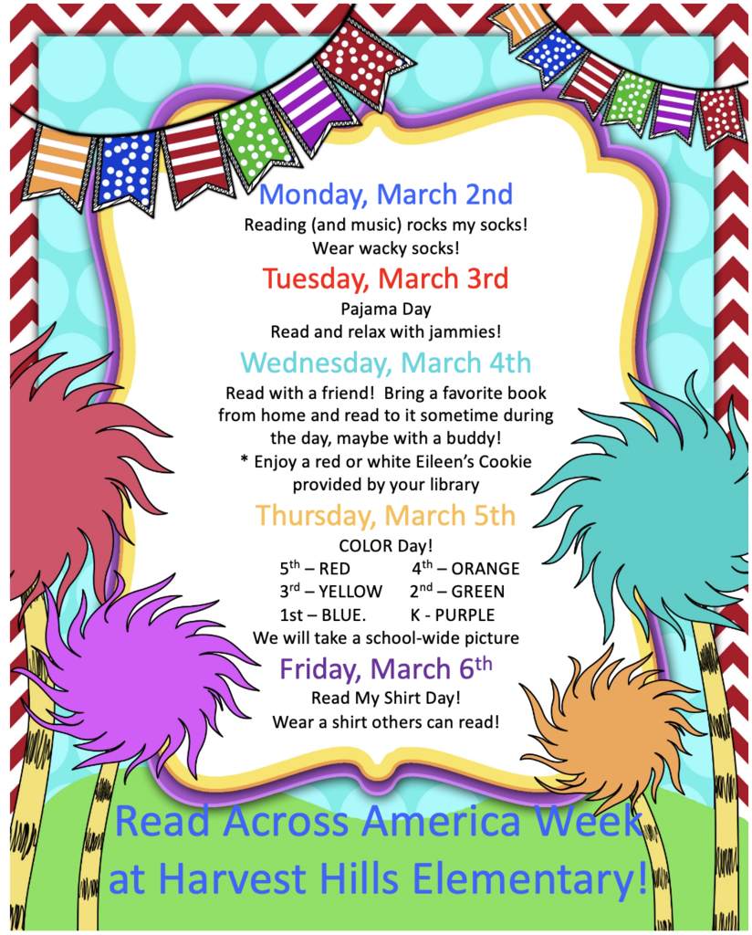 read across america week spririt week flyer that shows what students will be participating in each day.