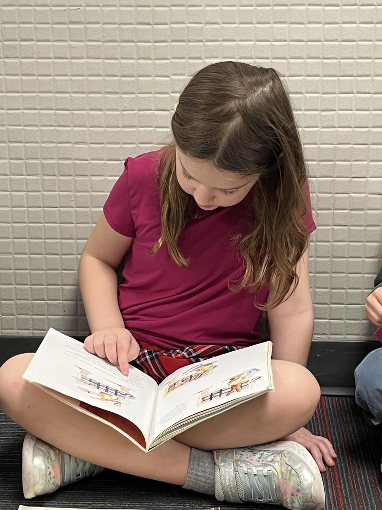 A young girl in a pink shirt and plaid skirt sitting on the floor, pointing at the illustrations in an open book.