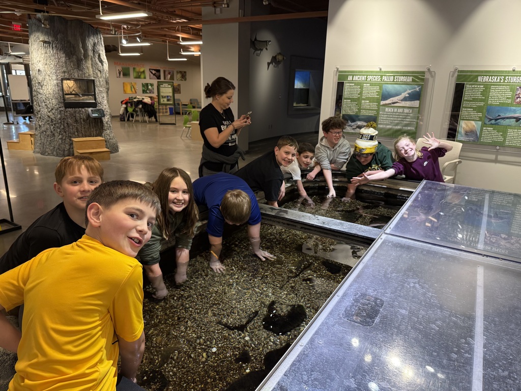 Several children lean over a long, indoor touch-tank filled with water and pebbles at an aquarium or nature center.