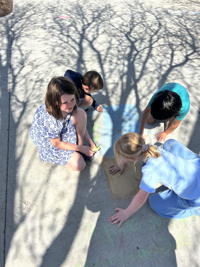High-angle shot of four children kneeling on a sunny sidewalk, focused on creating a large, blue and tan chalk mural.