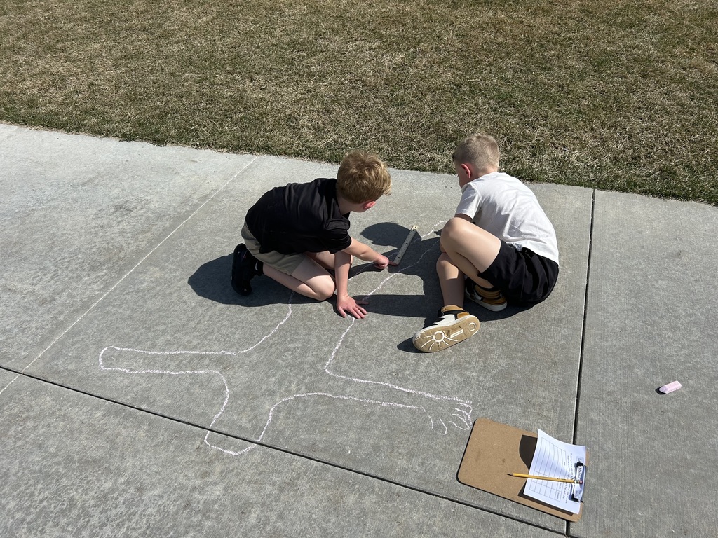 students measuring and outlining one another with chalk