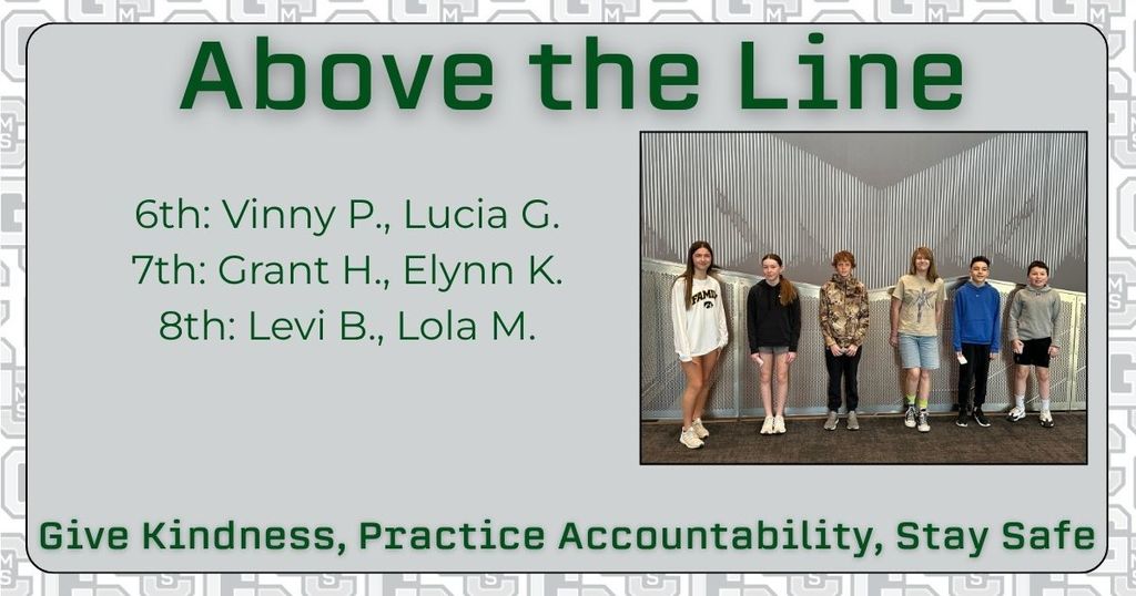 Above the Line: 6th Vinny P. Lucia G. 7th: Grant H. Elynn K. 8th Levi B. Loal M. Give Kindness, Practice Accountability, Stay Safe
