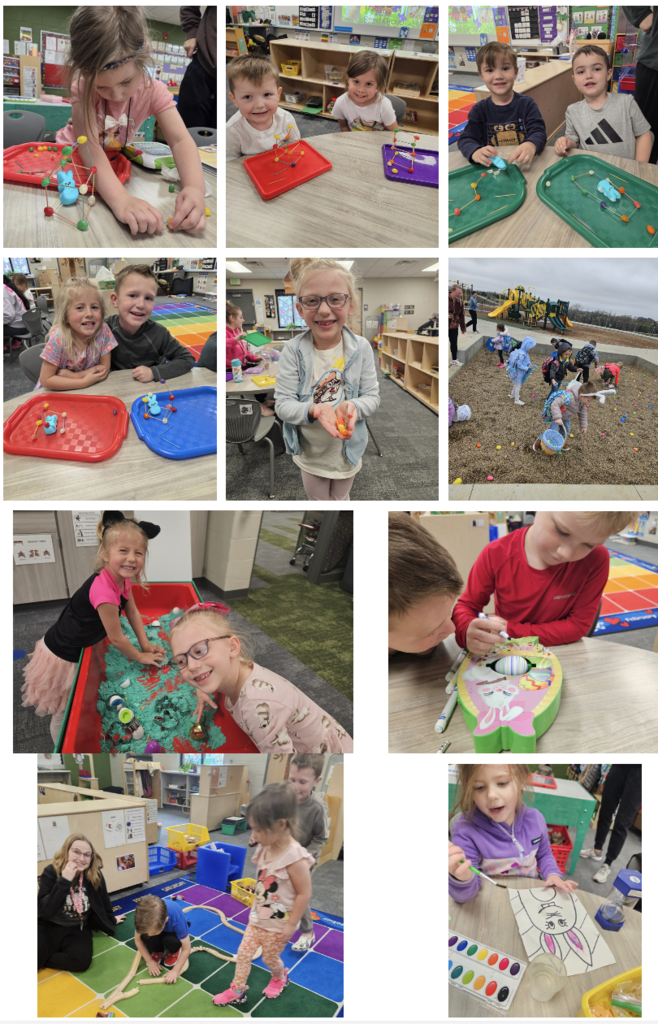 pictures of preschoolers in a classroom painting, coloring eggs, and playing in sand.