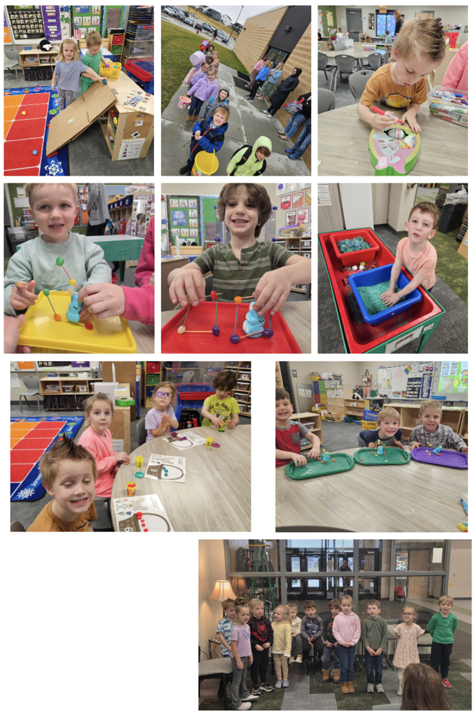 pictures of preschoolers in a classroom painting, coloring eggs, and playing in sand.