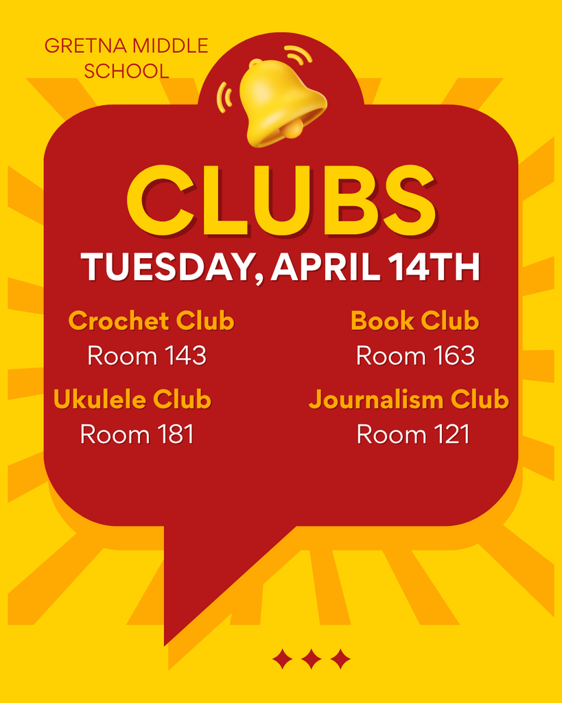 Flyer for Crochet Club, Book Club, Ukulele Club and Journalism Clubs meeting on Tuesday, April 14th.