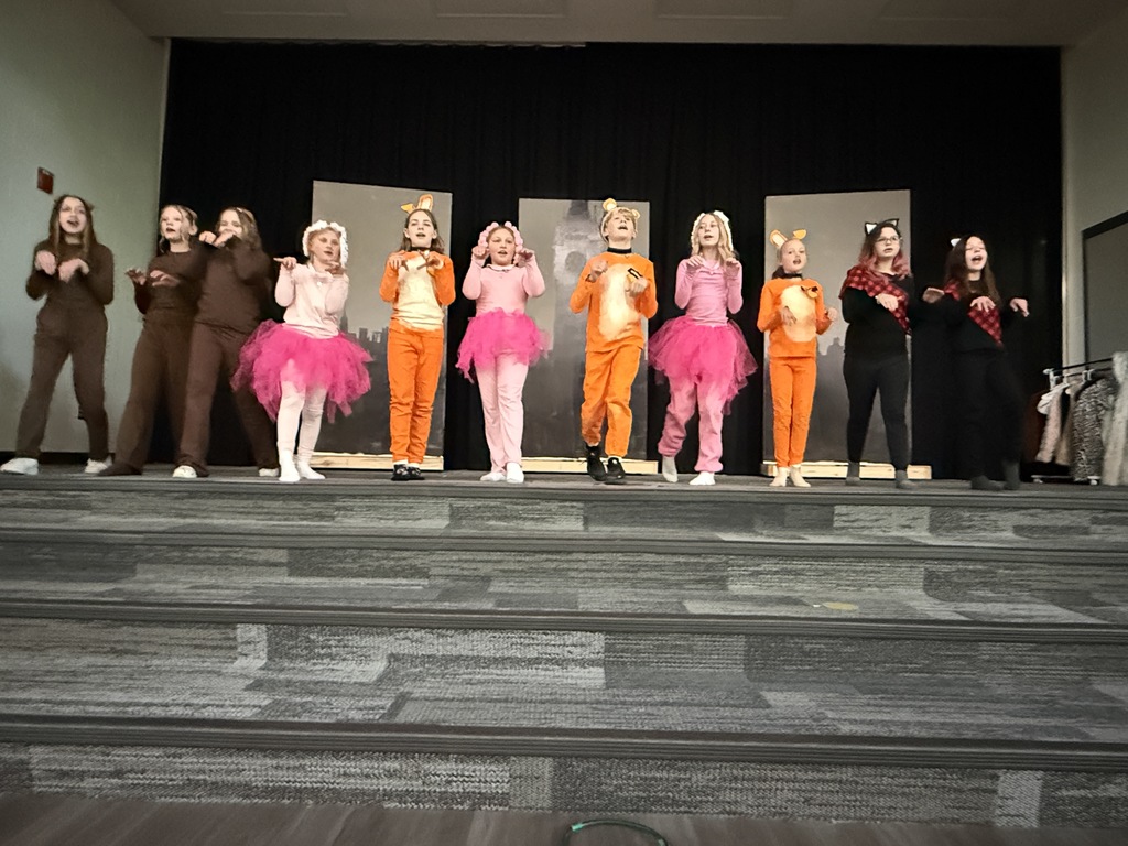 A row with 3 girls dressed as brown dogs 6 kids alternating between girls dressed as pink poodles and kids dressed as orange corgis with 2 girls dressed in black with plaid sahes look like they have paws up.