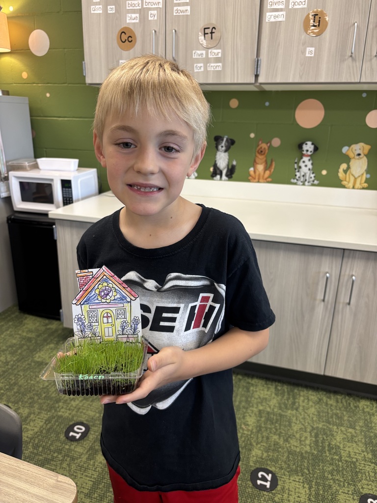 student holding grass in their classroom.