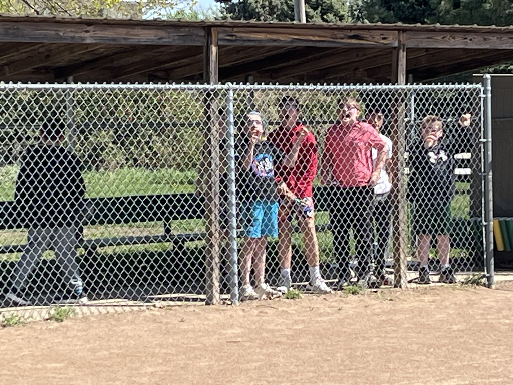 Four boys stand behind a fence, looking upward and cheering during a rocket launch.