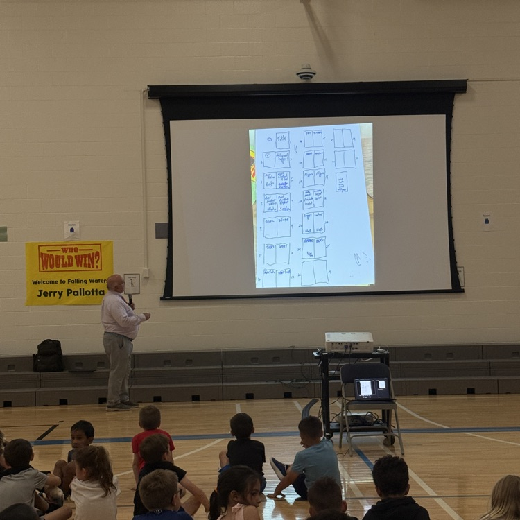 Jerry Pallotta shows a storyboard on the screen for one of his books