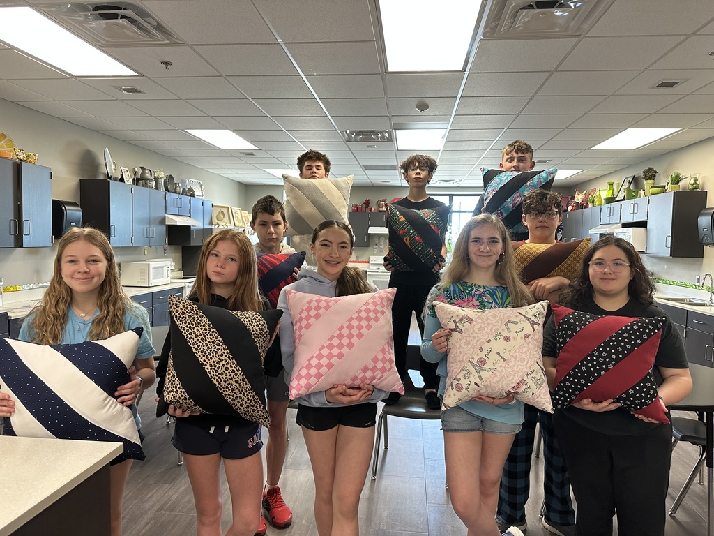 Photo of ten students lined up in three rows holding their pillows.