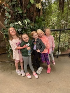 Five young girls stand together laughing and posing in front of a lush wall of tropical green plants.