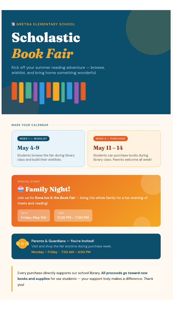 Flyer for Scholastic Book Fair at Gretna Elementary