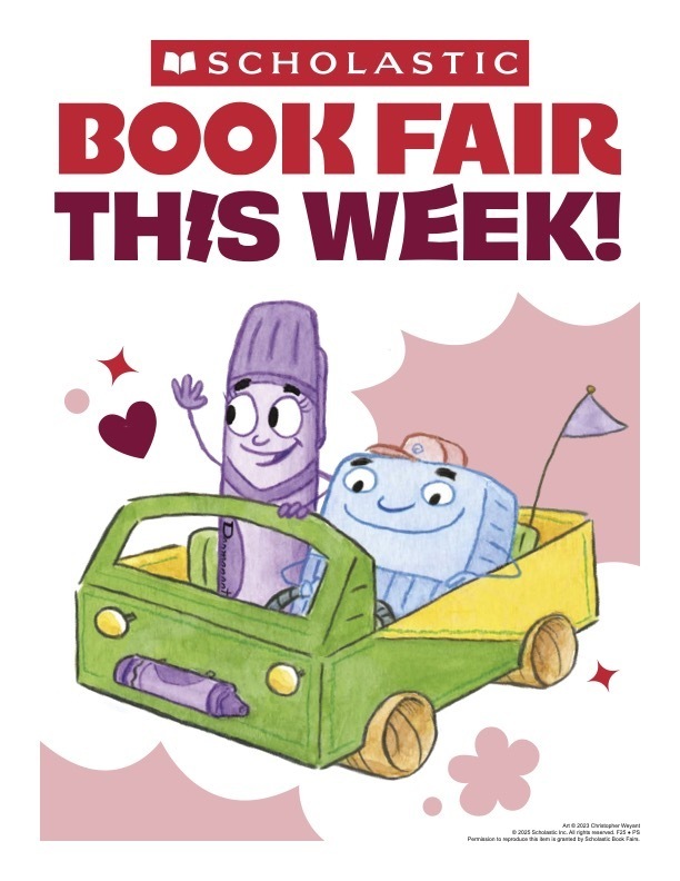 Image of illustrated characters and the message Book Fair This Week!