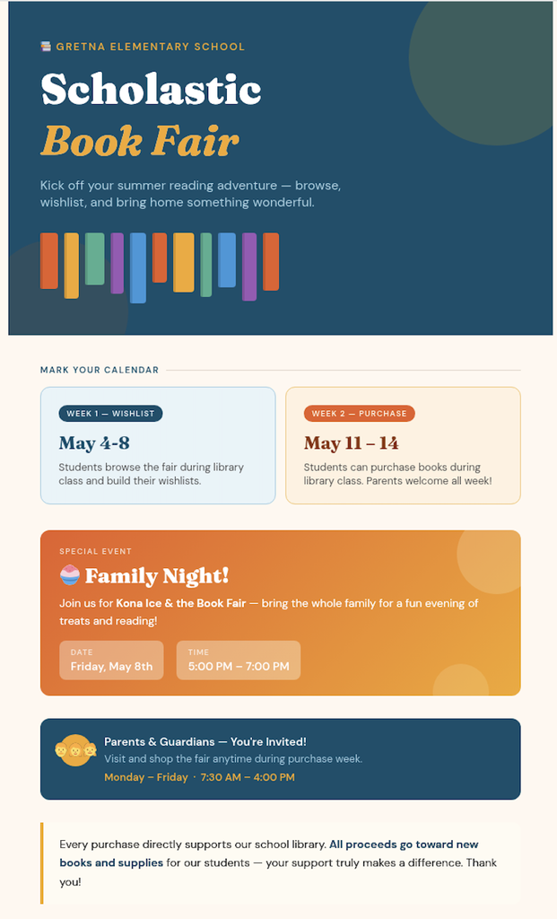 Flyer for Scholastic Book Fair at Gretna Elementary