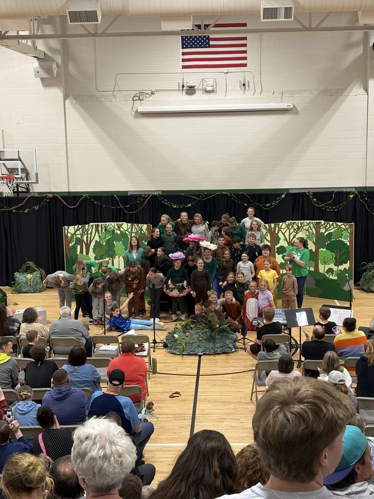 A wide shot of a large cast of children in jungle costumes posing for a group photo on a gym stage in front of an audience.