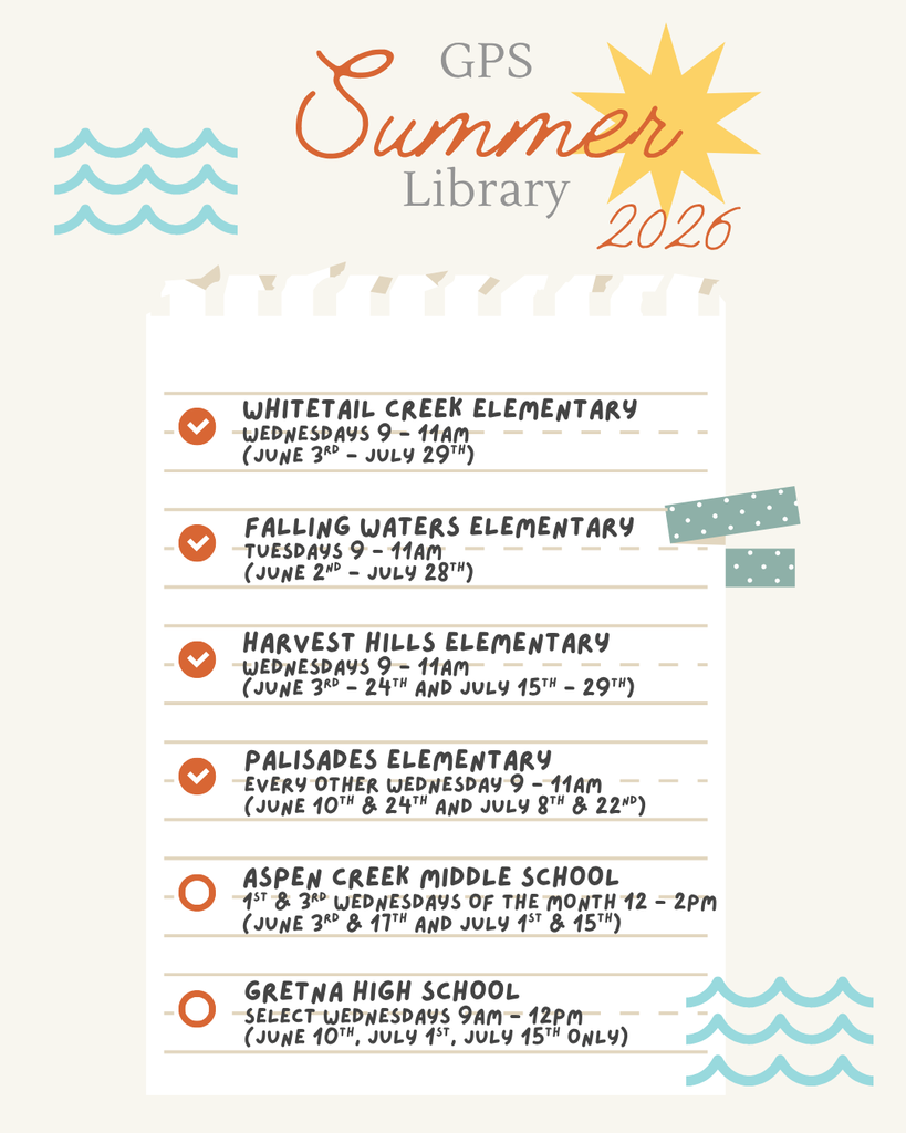Graphic listing Gretna Public Schools Summer Library locations and schedules.  Whitetail Creek Elementary: Wednesdays from 9:00-11:00 a.m., June 3 through July 29.  Falling Waters Elementary: Tuesdays from 9:00-11:00 a.m., June 2 through July 28.  Harvest Hills Elementary: Wednesdays from 9:00-11:00 a.m., June 3-24 and July 15-29.  Palisades Elementary: Every other Wednesday from 9:00-11:00 a.m. on June 10 and 24 and July 8 and 22.  Aspen Creek Middle School: First and third Wednesdays from 12:00-2:00 p.m. on June 3 and 17 and July 1 and 15.  Gretna High School: Wednesdays from 9:00 a.m.-12:00 p.m. on June 10, July 1, and July 15.