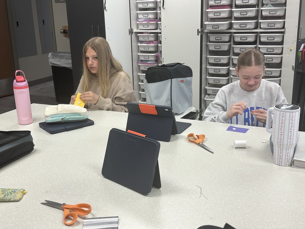 Photo of two female students sewing buttons.