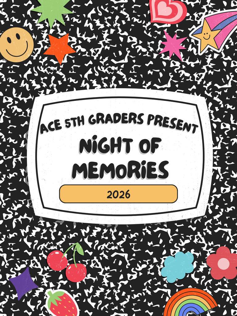 An event flyer with a black-and-white composition notebook pattern background, featuring colorful, retro-style stickers scattered around the edges.