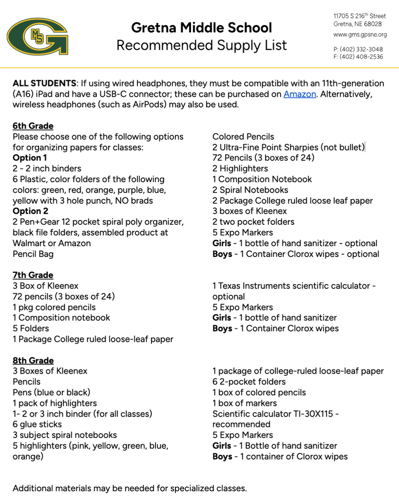GMS Supply List - flyer with the list of suggested school supplies