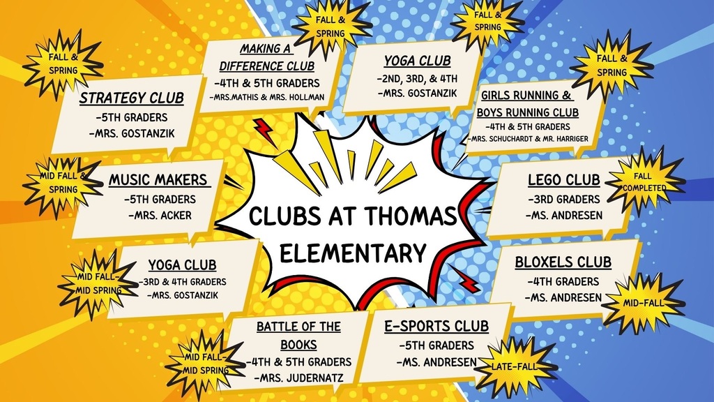 Image showing all of the sponsored clubs at Thomas Elementary for the 2026-2027 school year. 