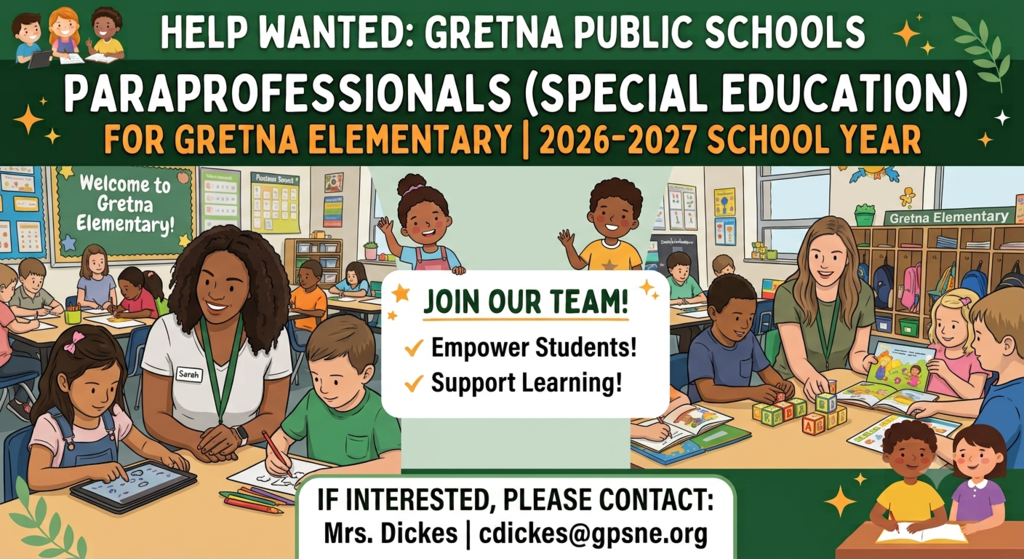 Post with a graphic showing help wanted for Paraprofessionals for GES Special Education for the 2026-2027 school year!
