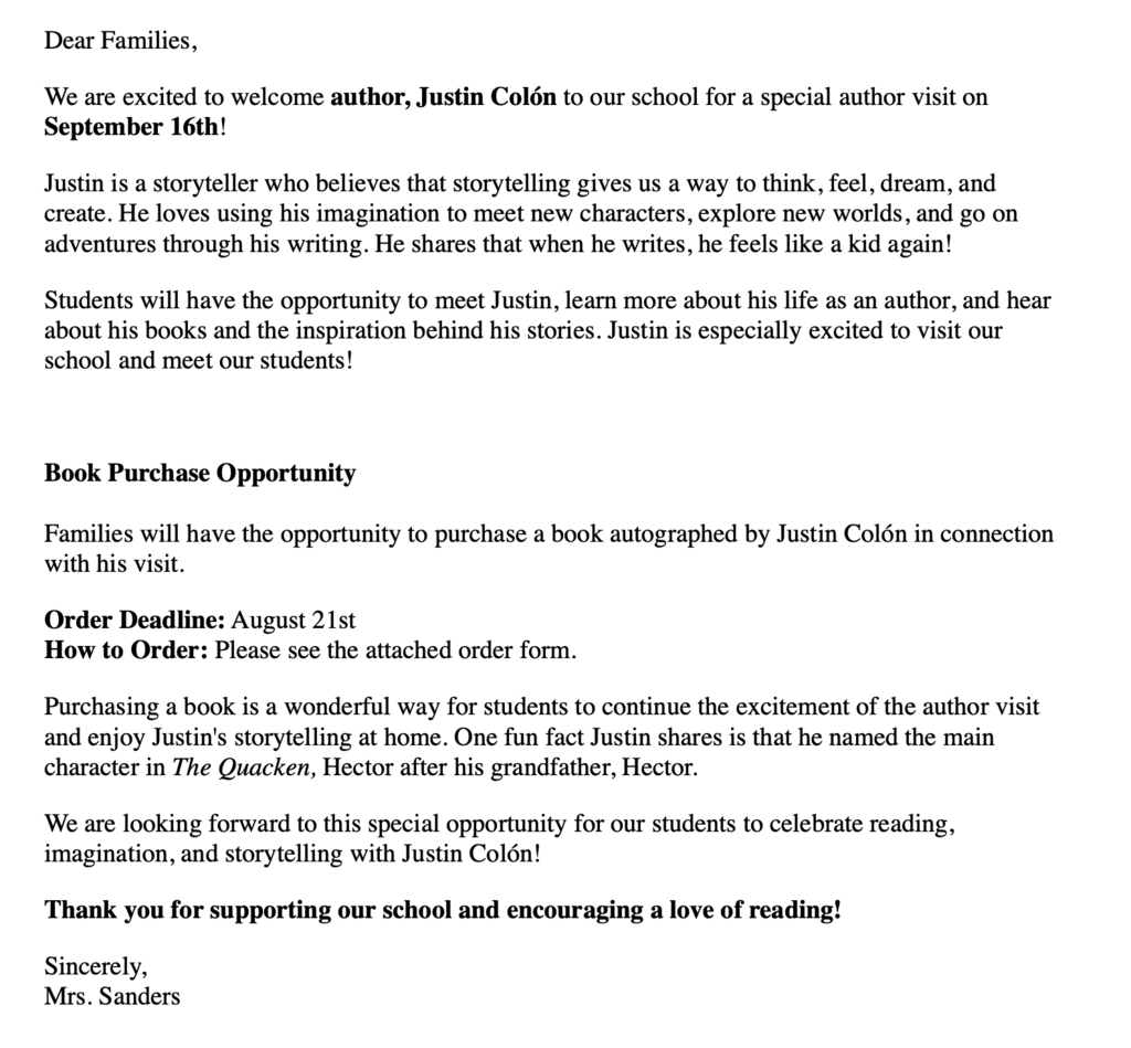 Letter for Author Visit coming to GES on September 16th