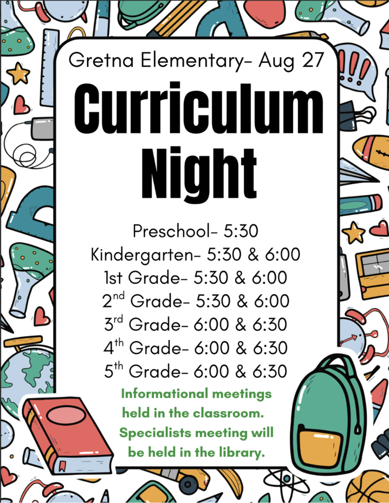 Flyer for Gretna Elementary Curriculum Night