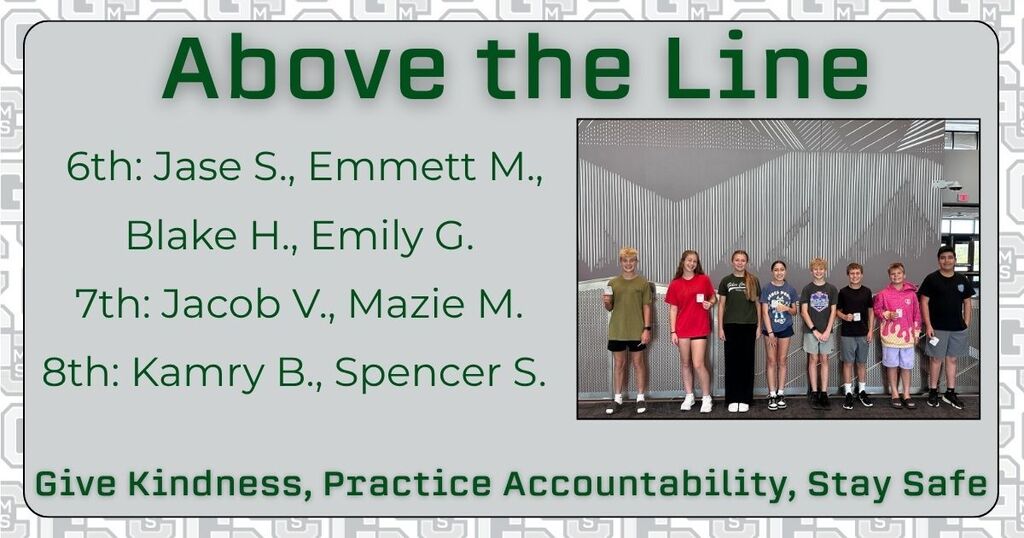 Above the Line 6th: Jase S Emmett M Blake H Emily G 7th: Jacob V Mazie M 8th: Kamry B Spencer S Give Kindness, Practice Accountability, Stay Safe