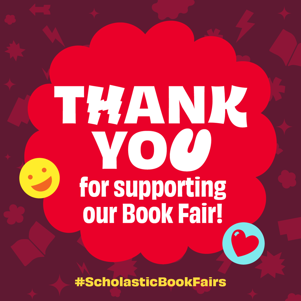 Promotional graphic with a dark red background patterned with subtle book and lightning bolt icons. At the center is a large, bright red cloud shape containing bold white text that reads "THANK YOU for supporting our Book Fair!" A yellow smiley face badge sits on the left edge of the cloud, and a light blue badge with a red heart sits on the bottom right. The hashtag "#ScholasticBookFairs" appears in yellow at the bottom.