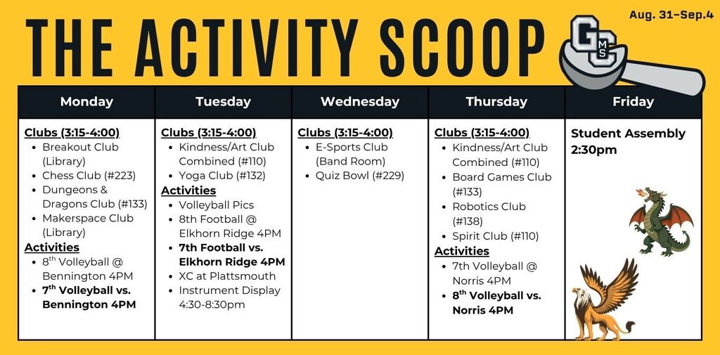 The Activity Scoop Monday: Clubs (3:15-4:00) Breakout Club (Library) Chess Club (#223) Dungeons & Dragons Club (#133) Makerspace Club (Library) Activities 8th Volleyball @ Bennington (dismissal 2:40) 7th Volleyball vs. Bennington 4PM Tuesday: Clubs (3:15-4:00) Kindness/Art Club Combined (#110) Yoga Club (#132) Activities Volleyball Pics 8th Football @ Elkhorn Ridge (dismissal 1:55) 7th Football vs. Elkhorn Ridge 4PM XC at Plattsmouth (dismissal 1:20) Instrument Display 4:30-8:30pm Wednesday: Clubs (3:15-4:00) E-Sports Club (Band Room) Quiz Bowl (#229) Thursday: Clubs (3:15-4:00) Kindness/Art Club Combined (#110) Board Games Club (#133) Robotics Club (#138) Spirit Club (#110) Activities 7th Volleyball @ Norris (dismissal 2:00) 8th Volleyball vs. Norris 4PM Friday: Student Assembly 2:30