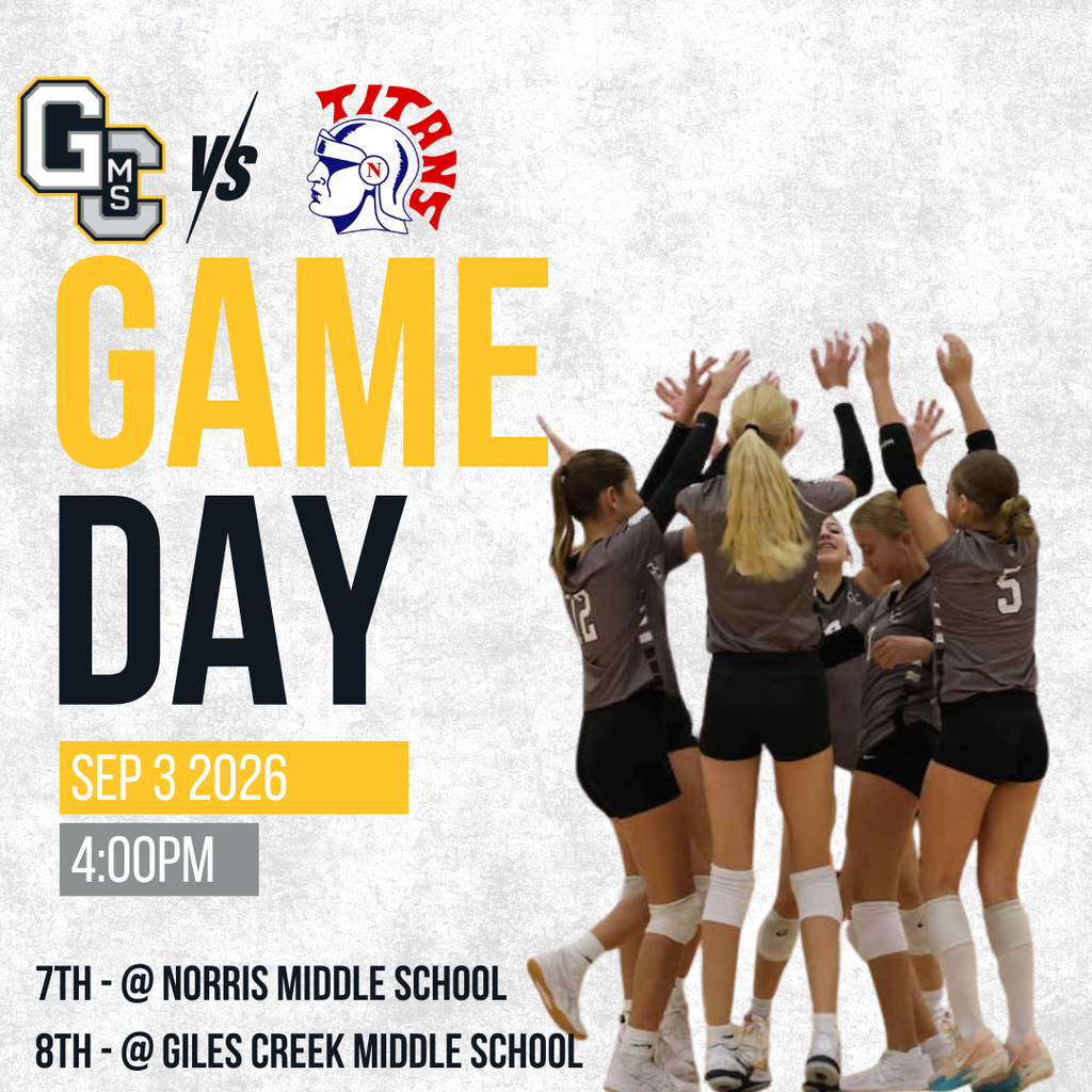 Giles Creek vs Norris Logo. Below that it says Game Day. Below that is says Sep 3 2026. Below that 7th at Norris Middle School. Below that 8th at Giles Creek Middle School