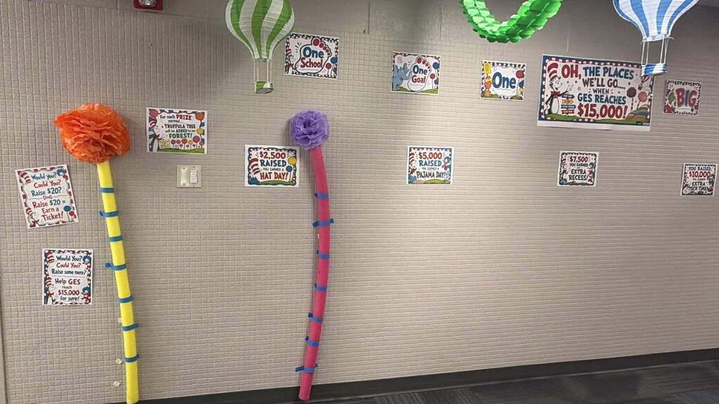 Dr. Seuss inspired colorful trees showing progress towards a fundraising goal.