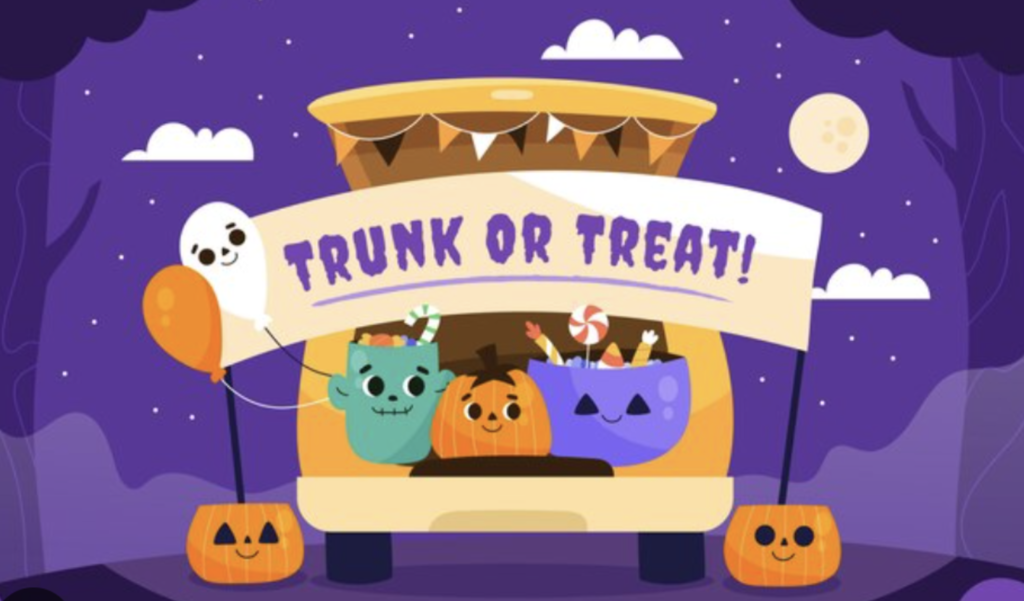 Trunk or treat icon with candy and pumpkins