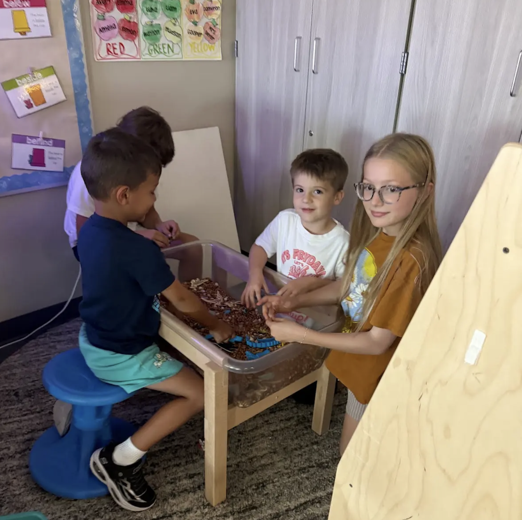 students playing in a sensory bin in a kg classroom 
