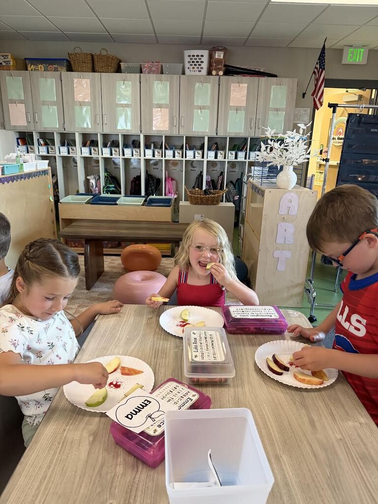 kindergarteners trying different types of apples in a kindergarten classroom sitting at their tables