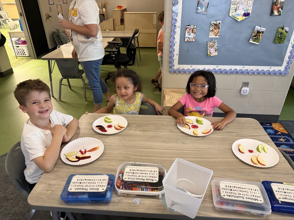 kindergarteners taste testing apples in a classroom 