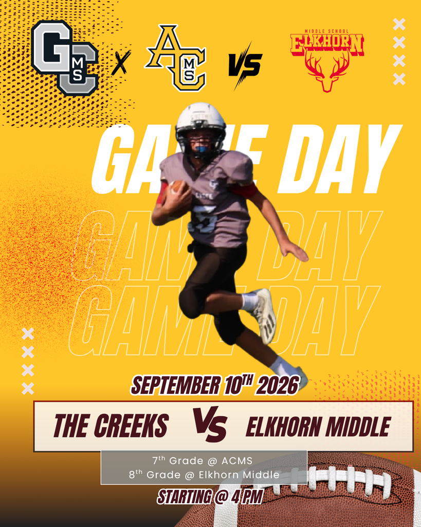 Giles Creek x Aspen Creek vs Elkhorn Logos. Below that Gameday words and picture of football player. Below that the date, time, and location.