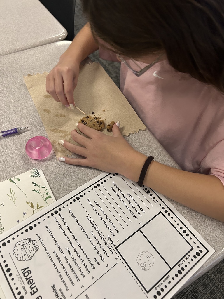 A student is mining chocolate chips in a cookie.