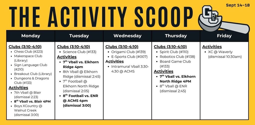 Monday Clubs (3:10-4:10) * Chess Club (#223) * Makerspace Club (Library) * Sign Language Club (#210) * Breakout Club (Library) * Dungeons & Dragons Club (#133) Activities * 7th Vball @ Blair (dismissal 2:23) * 8th Vball vs. Blair 4PM * Boys XCountry @ Walnut Creek (dismissal 3:00) Tuesday Clubs (3:10-4:10) * Science Club (#133) Activities * 7th Vball vs. Elkhorn Ridge 4pm * 8th Vball @ Elkhorn Ridge (dismissal 2:45) * 7th Football @ Elkhorn North Ridge (dismissal 2:05) * 8th Football vs. ENR @ ACMS 4pm (dismissal 3:00) Wednesday Clubs (3:10-4:10) * Origami Club (#139) * E-Sports Club (#007) Activities * Intramural Vball 3:30-4:30 @ ACMS Thursday Clubs (3:10-4:10) * Spirit Club (#110) * Robotics Club (#138) * Board Game Club (#133) Activities * 7th Vball vs. Elkhorn North Ridge 4PM * 8th Vball @ ENR (dismissal 2:45) Friday Activities * XC @ Waverly (dismissal 10:30am)
