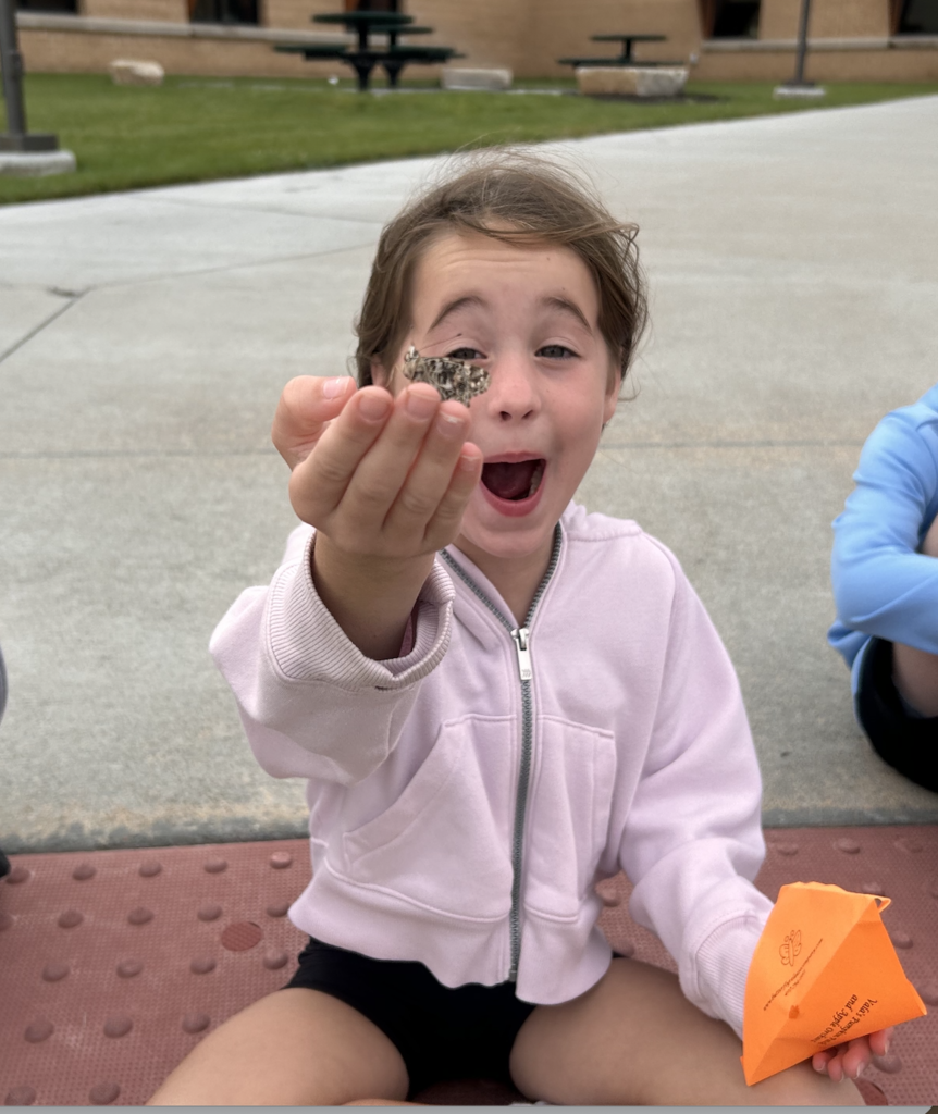 student holding a butterfly for a butterfly release