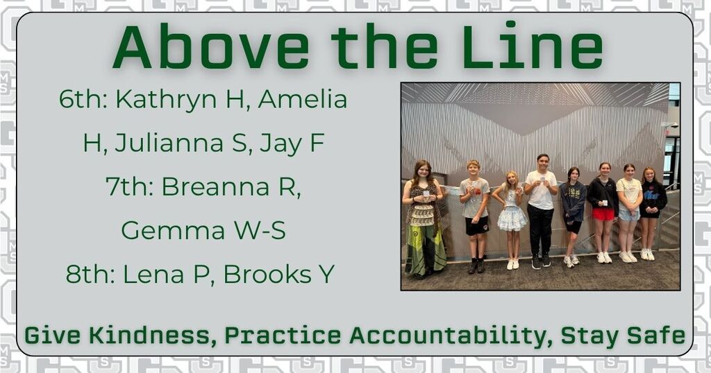 Above the Line 6th: Kathryn H, Amelia H, Julianna S, Jay F 7th: Breanna R, Gemma W-S 8th: Lena P, Brooks Y Give Kindness, Practice Accountability, Stay Safe