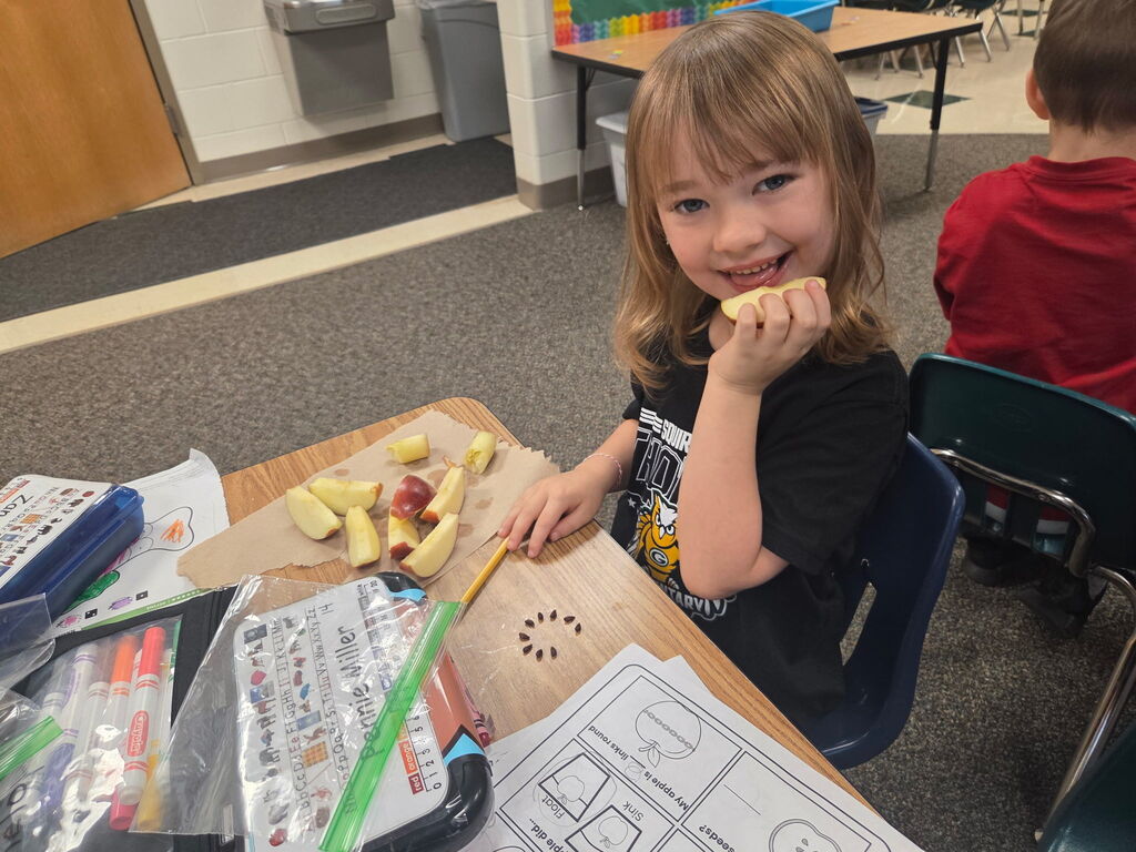 One student works on apple explorations at their table.